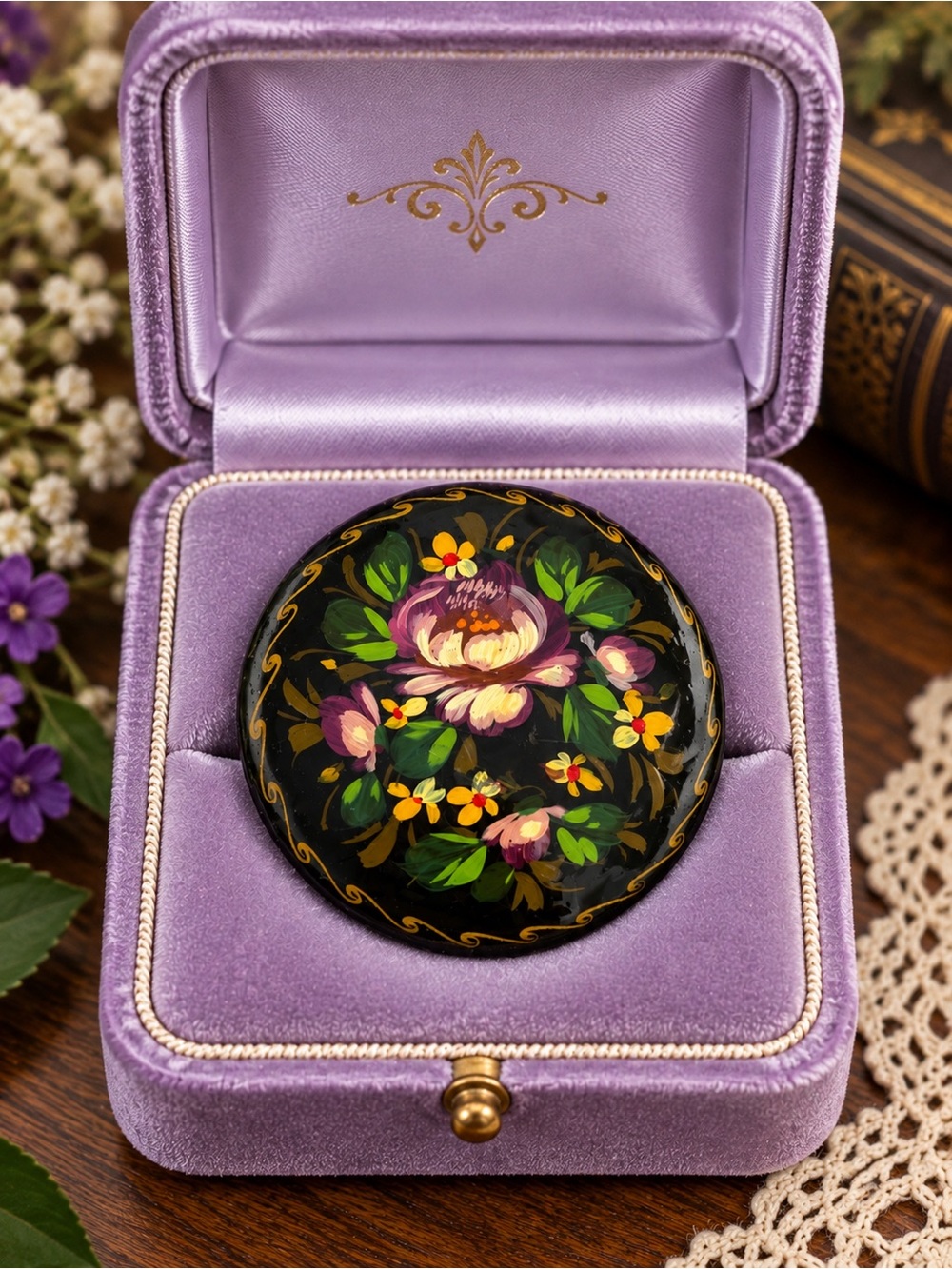 Russian Lacquer Brooch Floral Hand Painted Signed Brooch Folk Art Pin Vintage